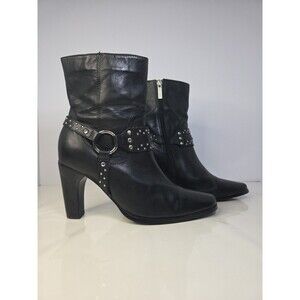 Harley Davidson W 7.5 Black Leather Biker Ankle Boot Heel Rhinestones & Beading